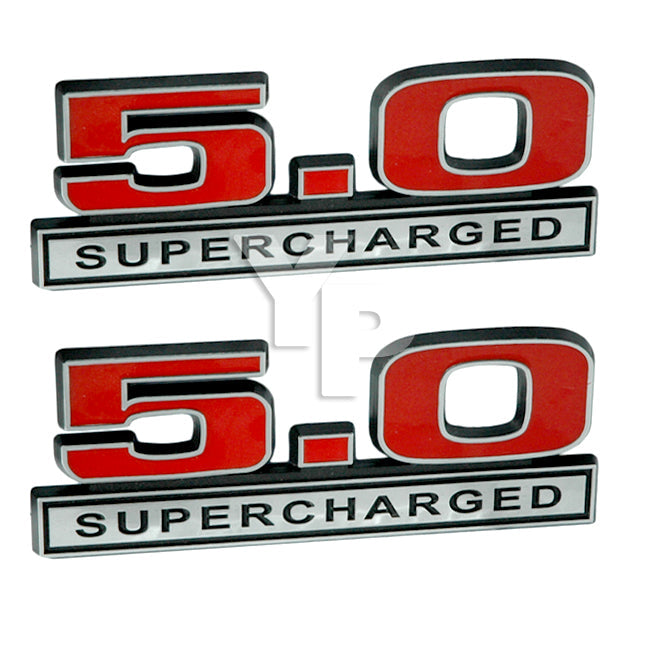 Red & Chrome 5.0 Liter 302 V8 Supercharged Emblem Badge Logo - 5" Long Pair