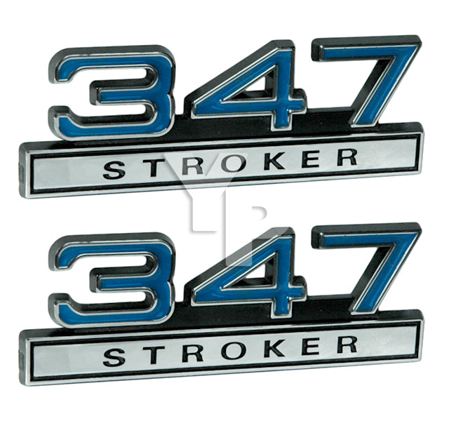 347 Stroker Engine Emblem Badge Logo with Blue & Chrome Trim - 4" Long Pair