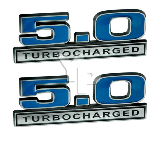5.0 Liter 302 Turbocharged Engine Emblems Badges in Blue & Chrome - 5" Long Pair