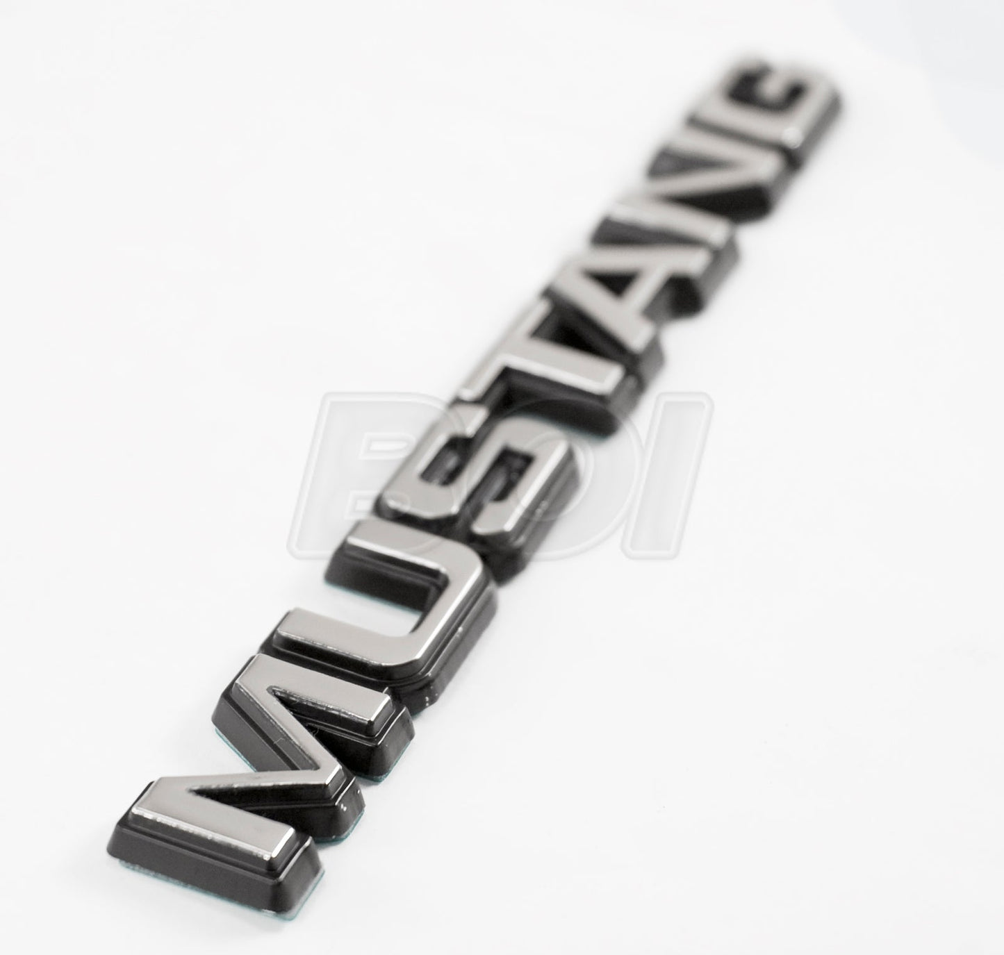 1979-1986 MUSTANG Rear Trunk Lid Emblem, Block Letters Chrome on Black 7" x .75"