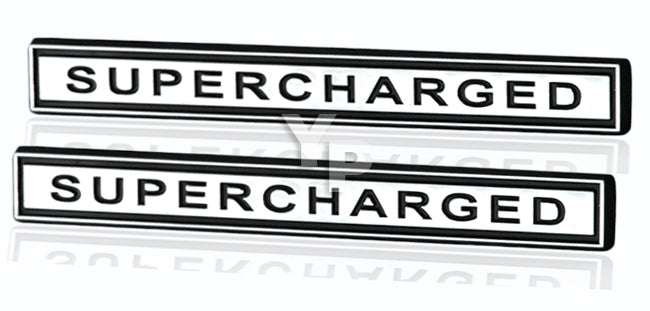 Chrome & Black Supercharged Engine Emblems Plates Badges Logos - 5" Long Pair