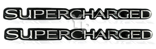 Chrome & Black Supercharged Engine Fender Emblems Badges Plates - 5.5" Long Pair