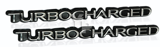 TURBOCHARGED Turbo 3D Chrome & Black Emblems Badges Logos - 5.5" Long Pair