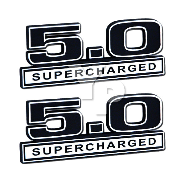 5.0 Liter Supercharged Emblems Badges Logos in Chrome & Black - 5" Long Pair