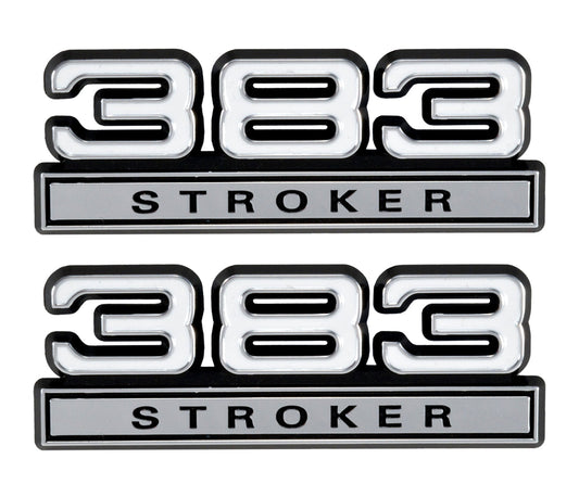 383 Stroker 6.2L Engine Emblems Badges White w/ Chrome Trim - 4" Long Pair