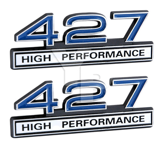 427 7.0 Liter Engine High Performance Emblems in Chrome & Blue - 4" Long Pair