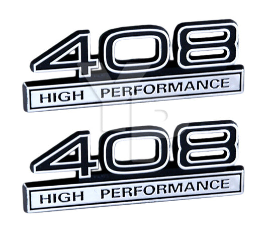 408 High Performance 6.6L Engine Emblems Badges in Chrome & Black - 4" Long Pair