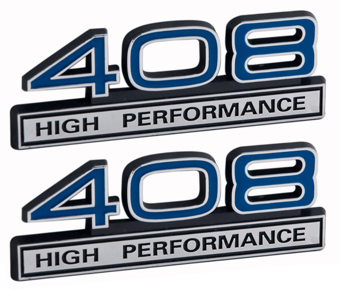 408 High Performance 6.6L Engine Emblems Badges in Chrome & Blue - 4" Long Pair