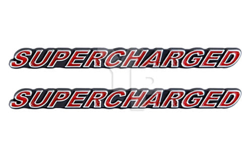 Supercharged Engine Emblems Badges Logos Chrome Trimmed & Red - 5" Long Pair