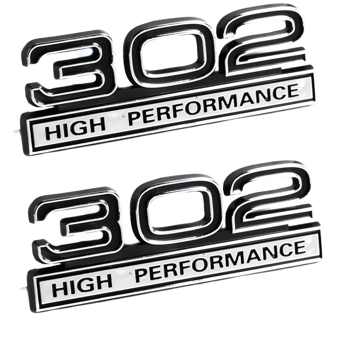 302 5.0 Liter Engine High Performance Emblem in Black & Chrome - 4" Long Pair