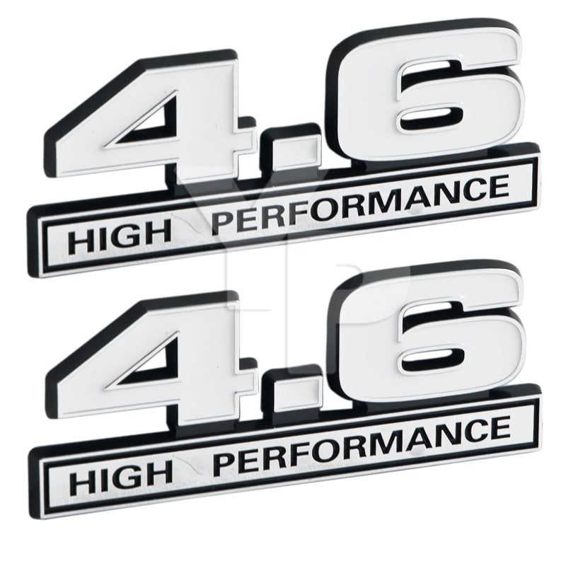 4.6 Liter V8 High Performance Engine Emblem in White & Chrome - 5" Long Pair