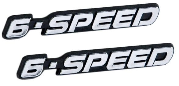 Chrome & Black 6 Speed Manual Transmission Emblems Badge Logo - 4.5" Long Pair