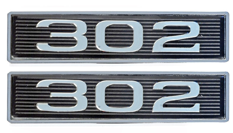 Mustang 5.0L V8 302 Engine Black & Chrome Hood Scoop Emblems - Pair