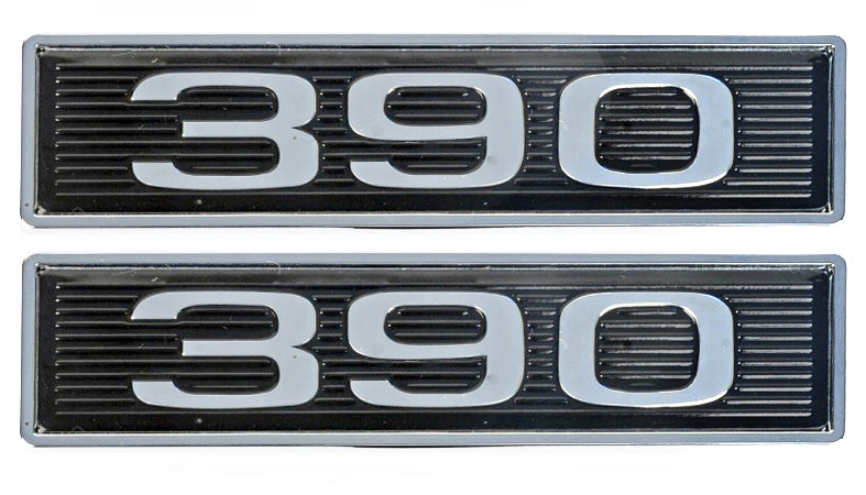 390ci 6.4L 390 6.4 Liter Embossed Chrome Plated Black Hood Scoop Emblems - Pair