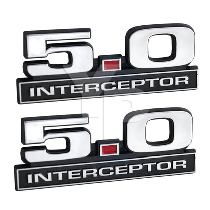 5.0 Mustang Police Interceptor Emblems in Chrome Black & Red - 5" Long Pair