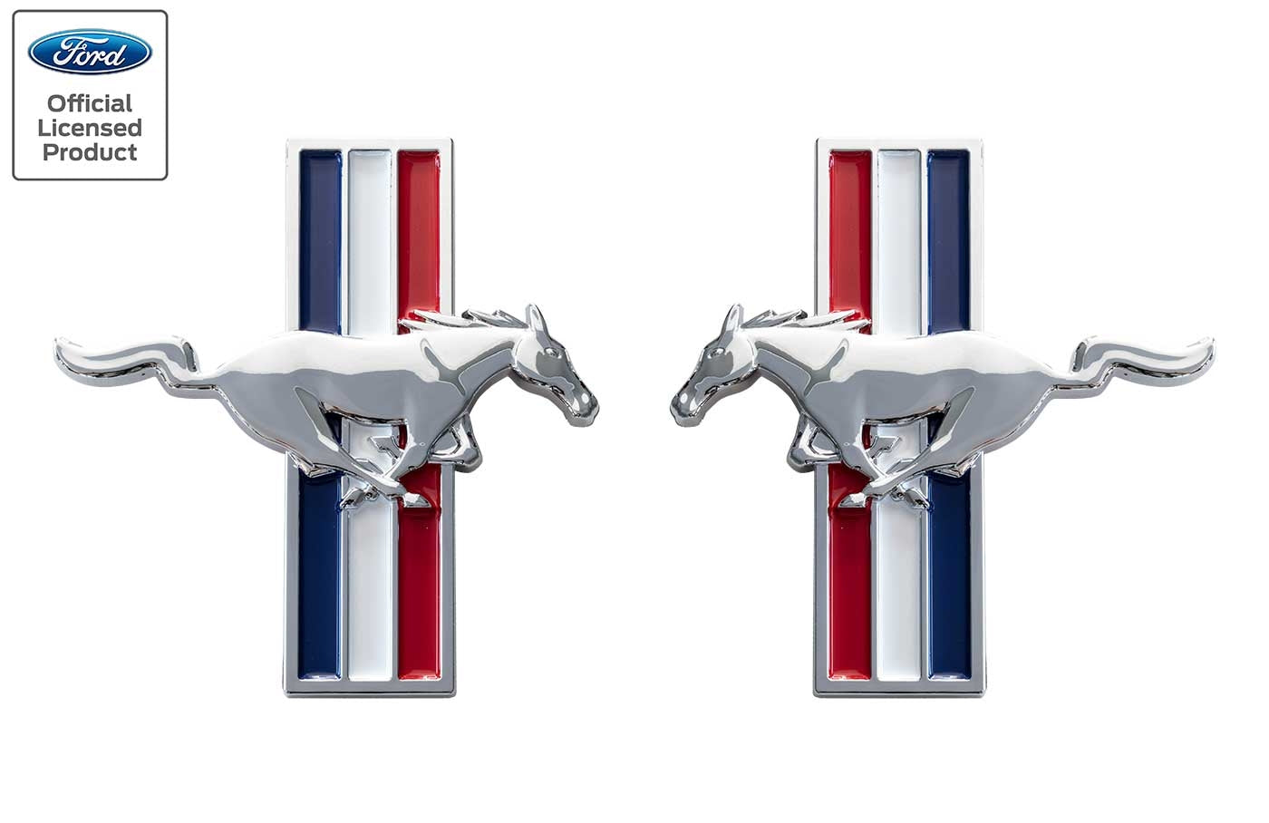 2005-2014 Ford Mustang LARGE Chrome Running Horse Tribar Fender Emblems Pair