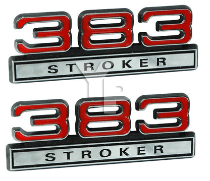 383 Stroker 6.3L Engine Emblems Badges with Red & Chrome Trim - 4" Long Pair