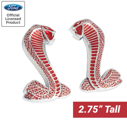 1979-2004 Ford Mustang Cobra Snake RED & Chrome Fender Emblems 2 3/4" Pair