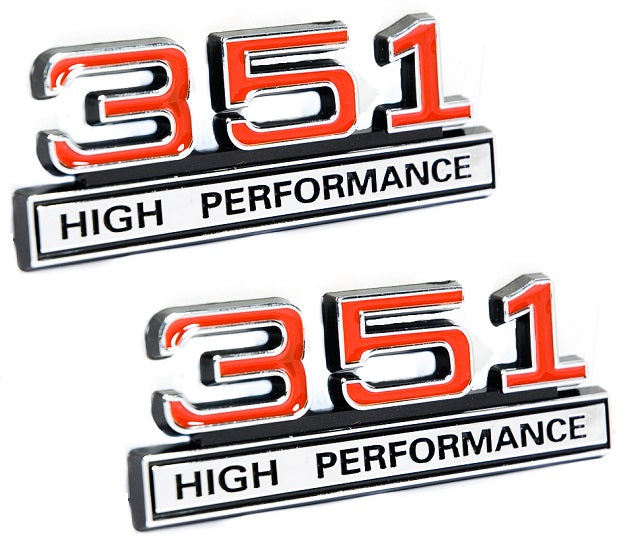 351 5.8 Engine High Performance Emblems in Red & Chrome Trim - 4" Long Pair