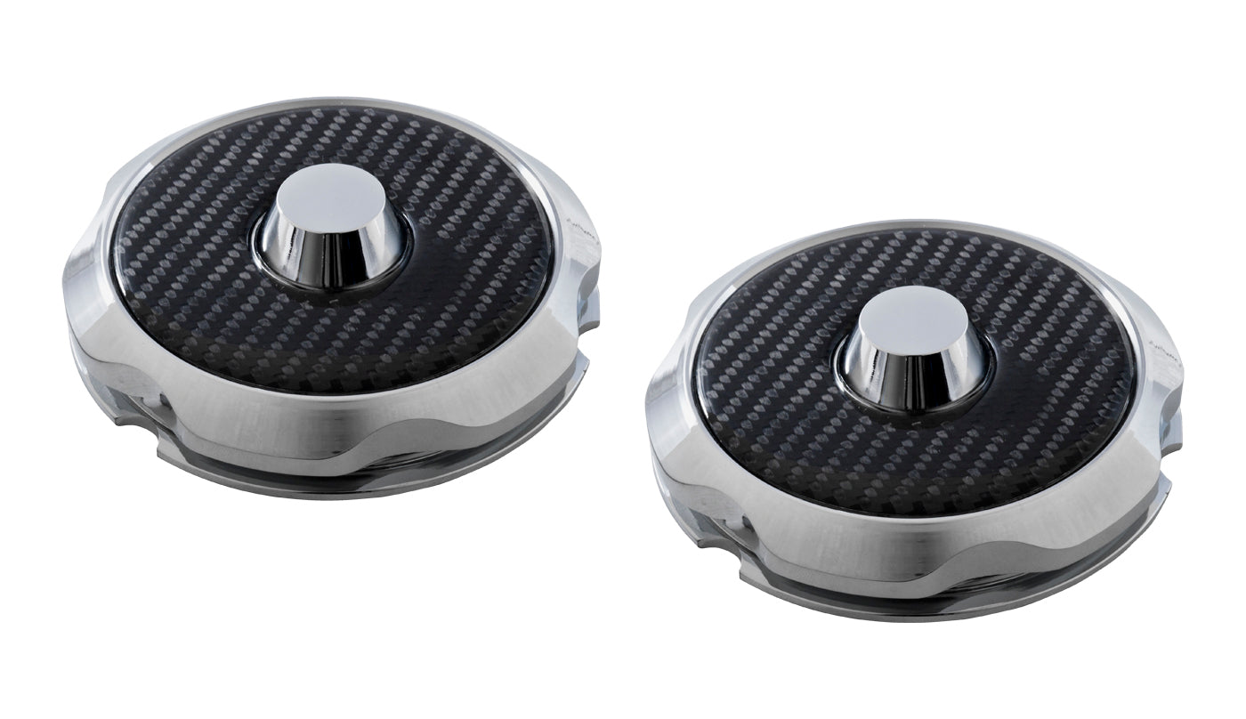 2015-2023 Mustang Billet Chrome Strut Tower Cap Covers w/ Carbon Fiber Inserts