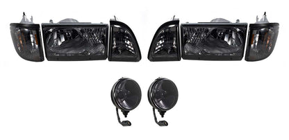 1987-1993 Ford Mustang GT Euro Smoked 6 pc Headlights w/ Fog Lights Lamps Pair