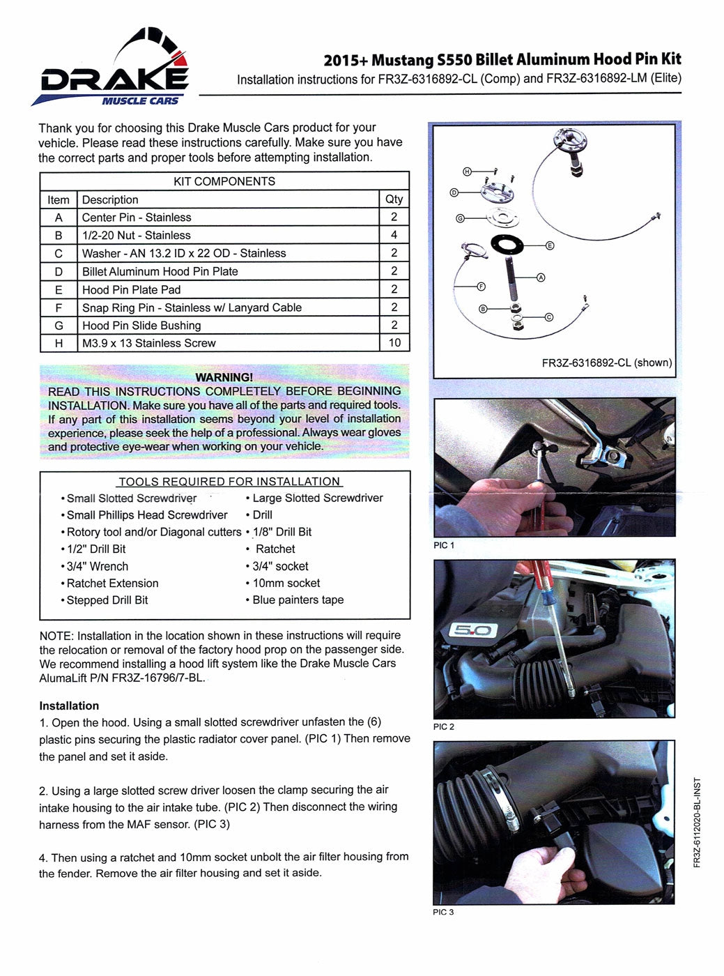 2015-2023 Ford Mustang Billet Aluminum Hood Pin Kit w/ Lanyards FR3Z-6316892-CL