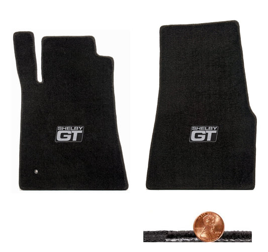 2005-2010 GT500 Black 2pc Loop Front Floor Mats - Shelby GT Logo in Silver