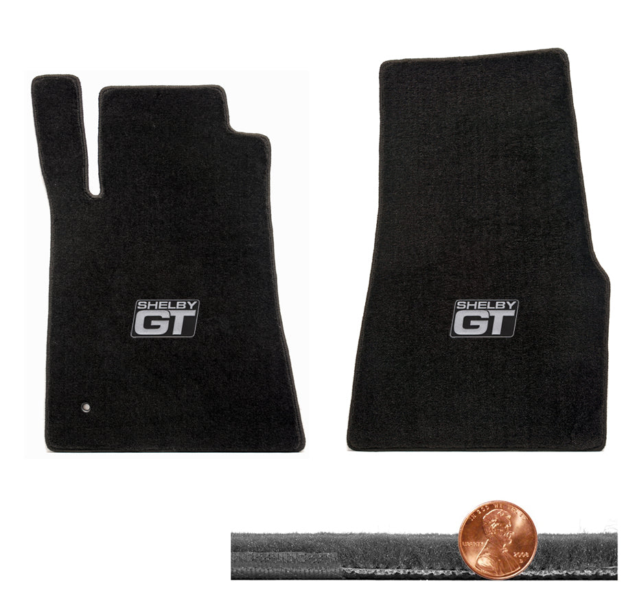 2005-2010 GT500 Black 2pc Velourtex Front Floor Mats - Shelby GT Logo in Silver