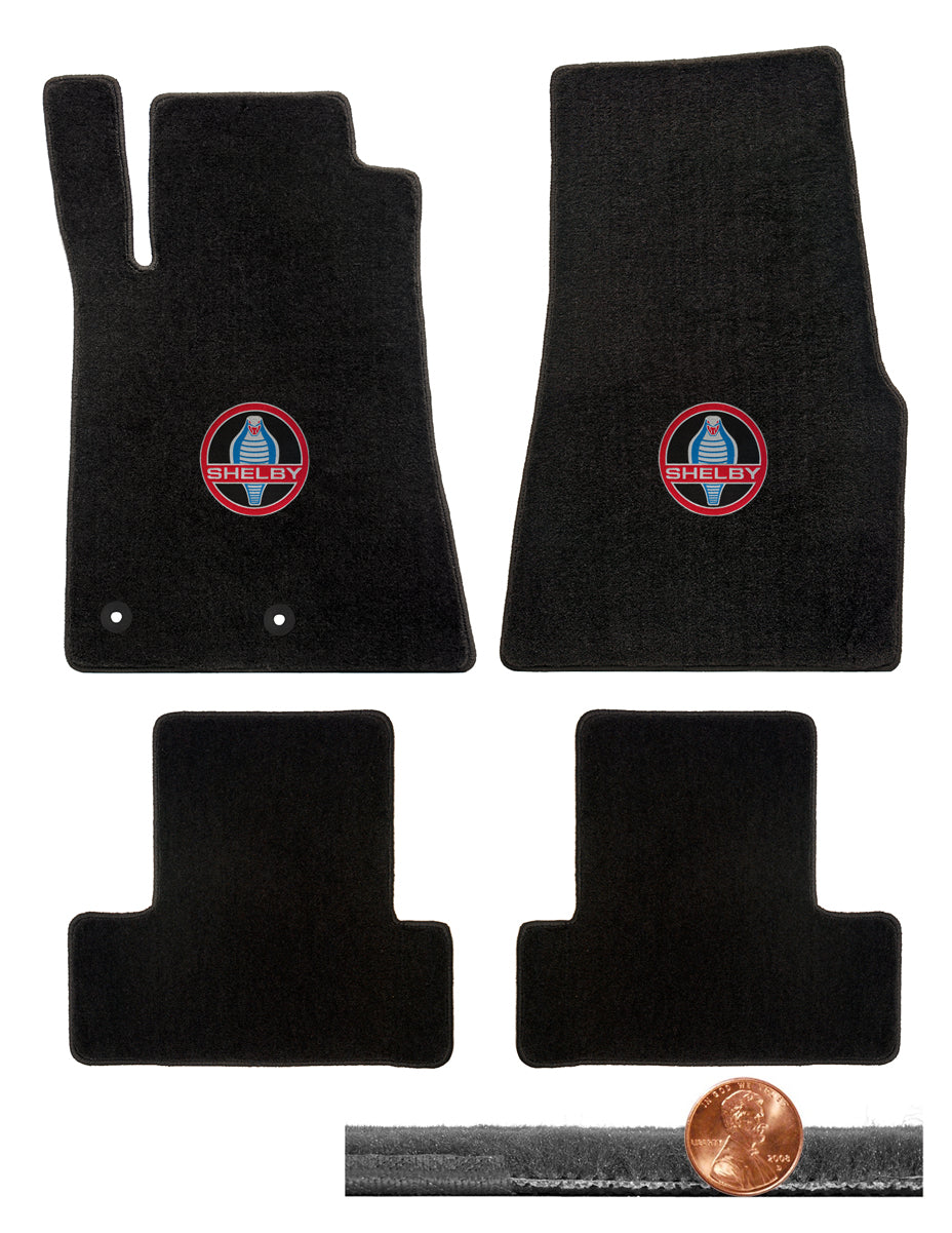 2011 2012 Shelby & Mustang 4pc Black Velourtex Floor Mats - Vintage Cobra Logos