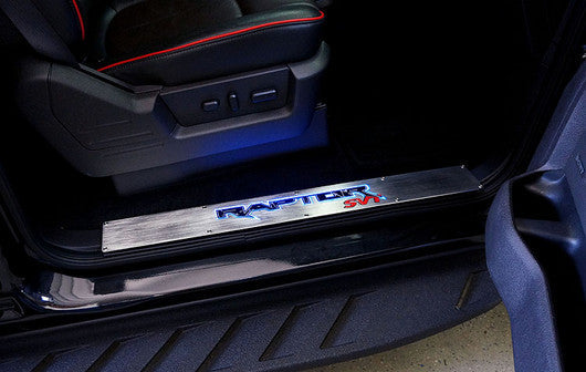 2009-2014 F150 SVT Raptor Brushed Billet Door Sill Plates w/ Blue Illumination