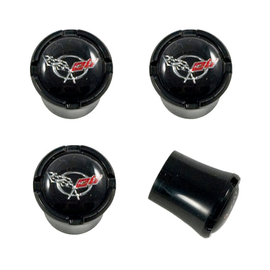 C5 Corvette Black Valve Stem Caps with Crossed Flags Logo in Chrome Trim - 4pc