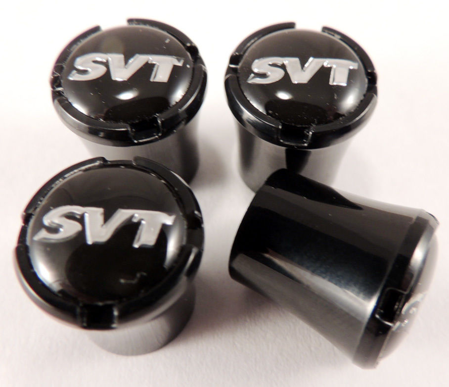 Ford SVT All Black Valve Stem Caps w/ Logo in Chrome Trim - 4pc Set Fits Any SVT