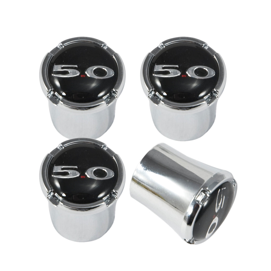 Ford Mustang Chrome Wheel Tire Valve Stem Caps w/ Chrome 5.0 Emblem - Set of 4