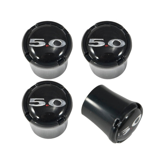 Ford Mustang Black Wheel Tire Valve Stem Caps w/ Chrome 5.0 Emblem - Set of 4