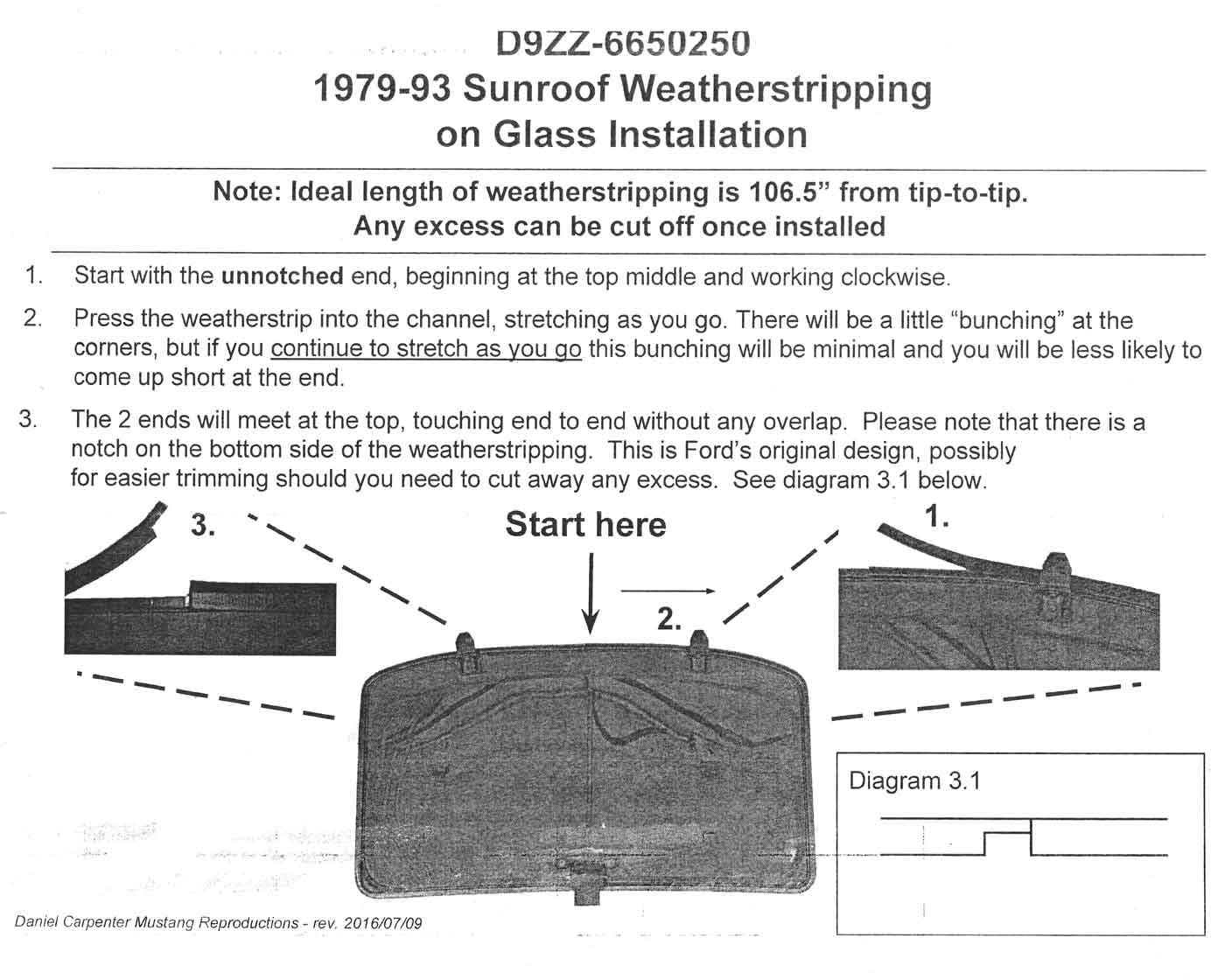 1979-1993 Mustang Rubber Weatherstrip Seal for Sunroof Glass, Direct Replacement